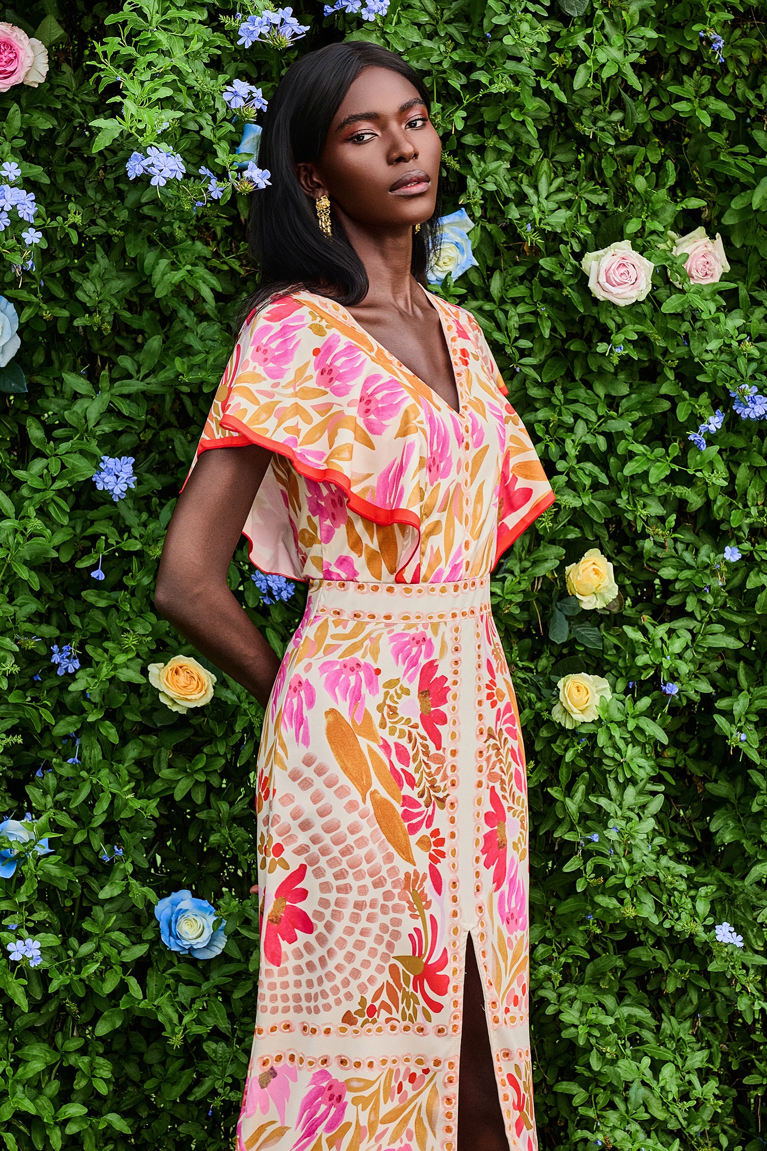 Floral V-Neck Split Backless Midi Dress