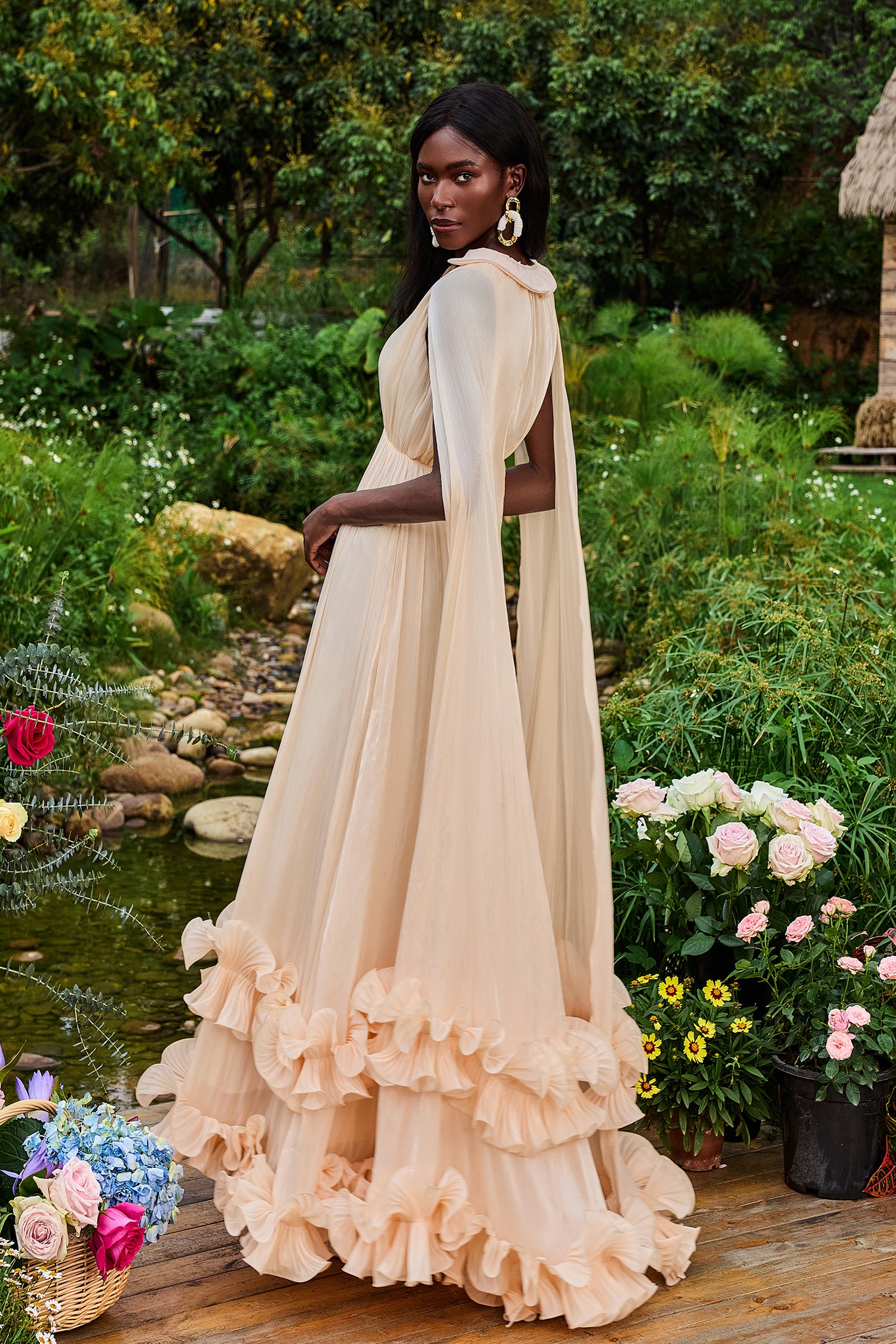 Satin Deep V-Neck Cape Sleeve Midi Dress