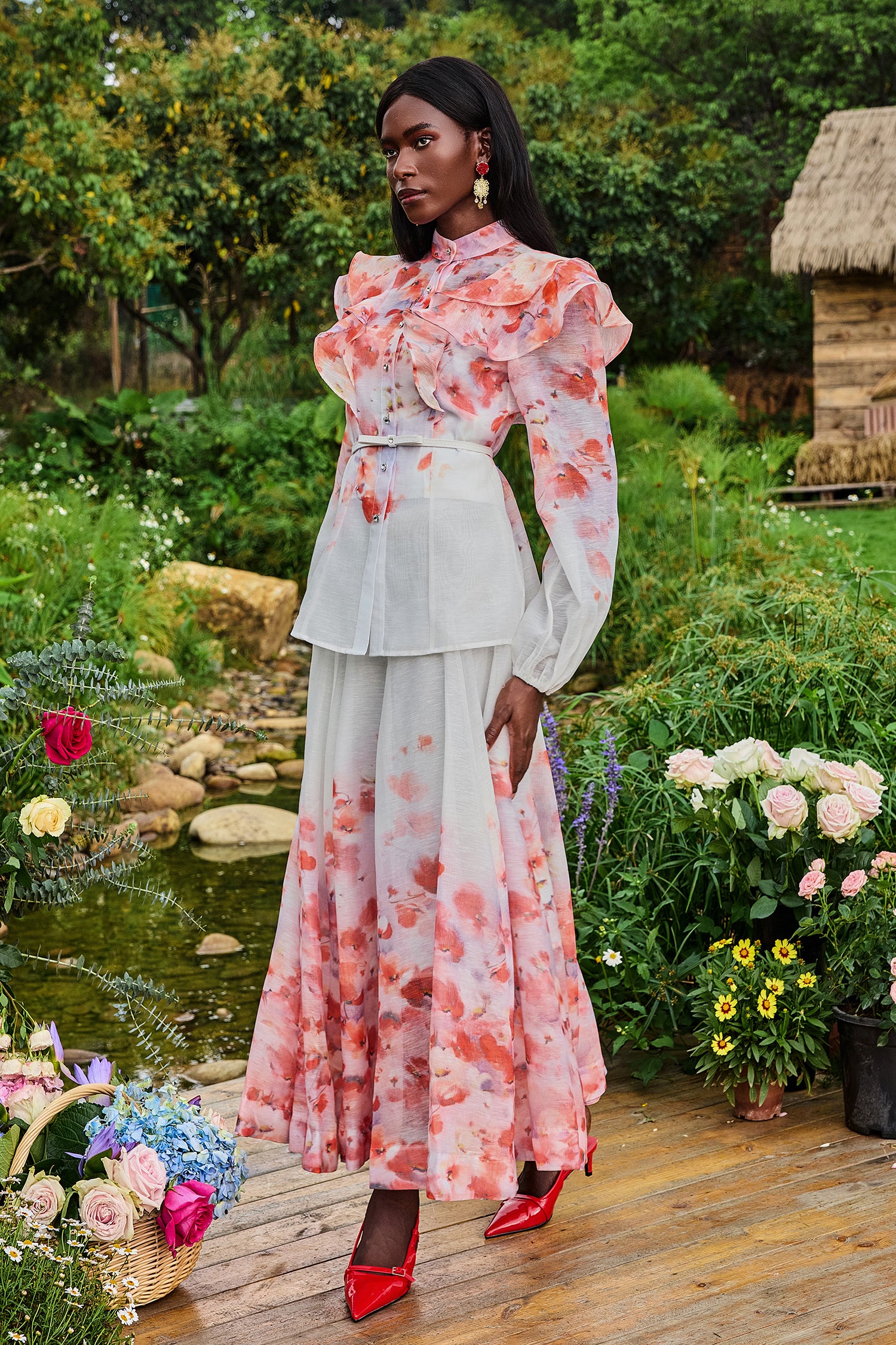 Floral Lantern Sleeve Stand Collar Top & Mid Waist Skirt Set