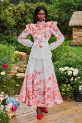 Floral Lantern Sleeve Stand Collar Top & Mid Waist Skirt Set