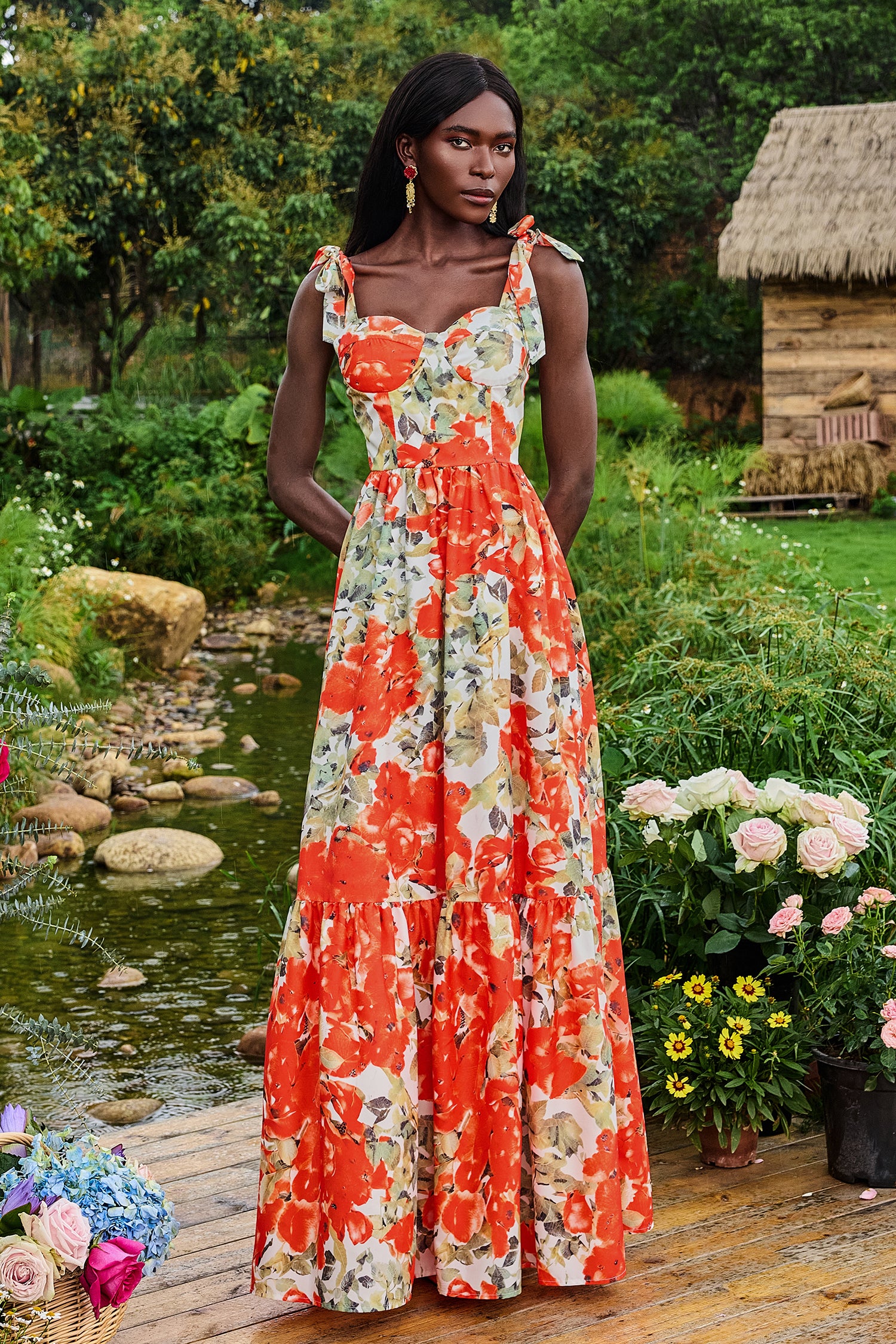 Floral Lace Up Sweetheart Neck Midi Dress
