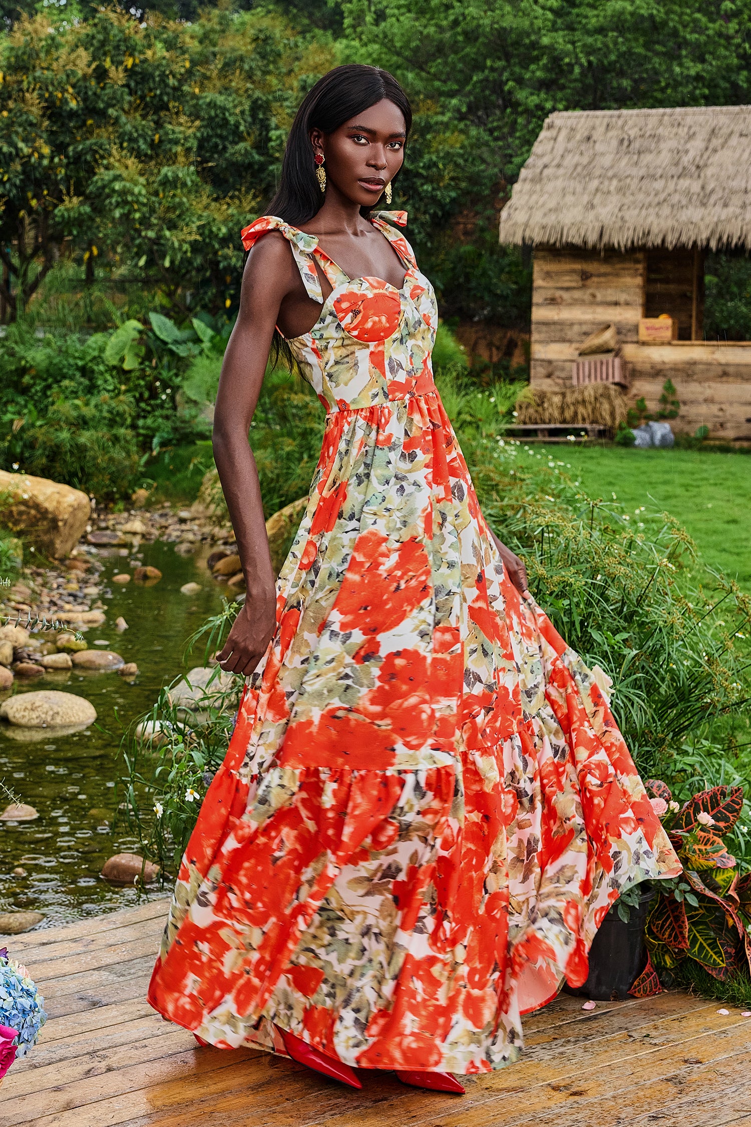 Floral Lace Up Sweetheart Neck Midi Dress