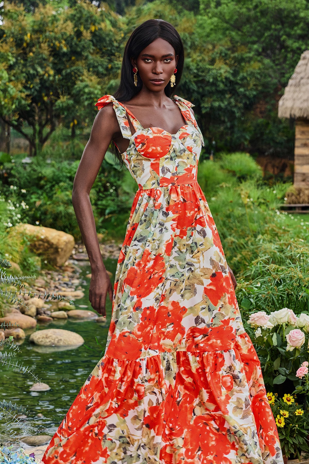 Floral Lace Up Sweetheart Neck Midi Dress