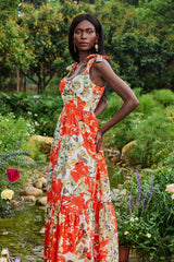 Floral Lace Up Sweetheart Neck Midi Dress