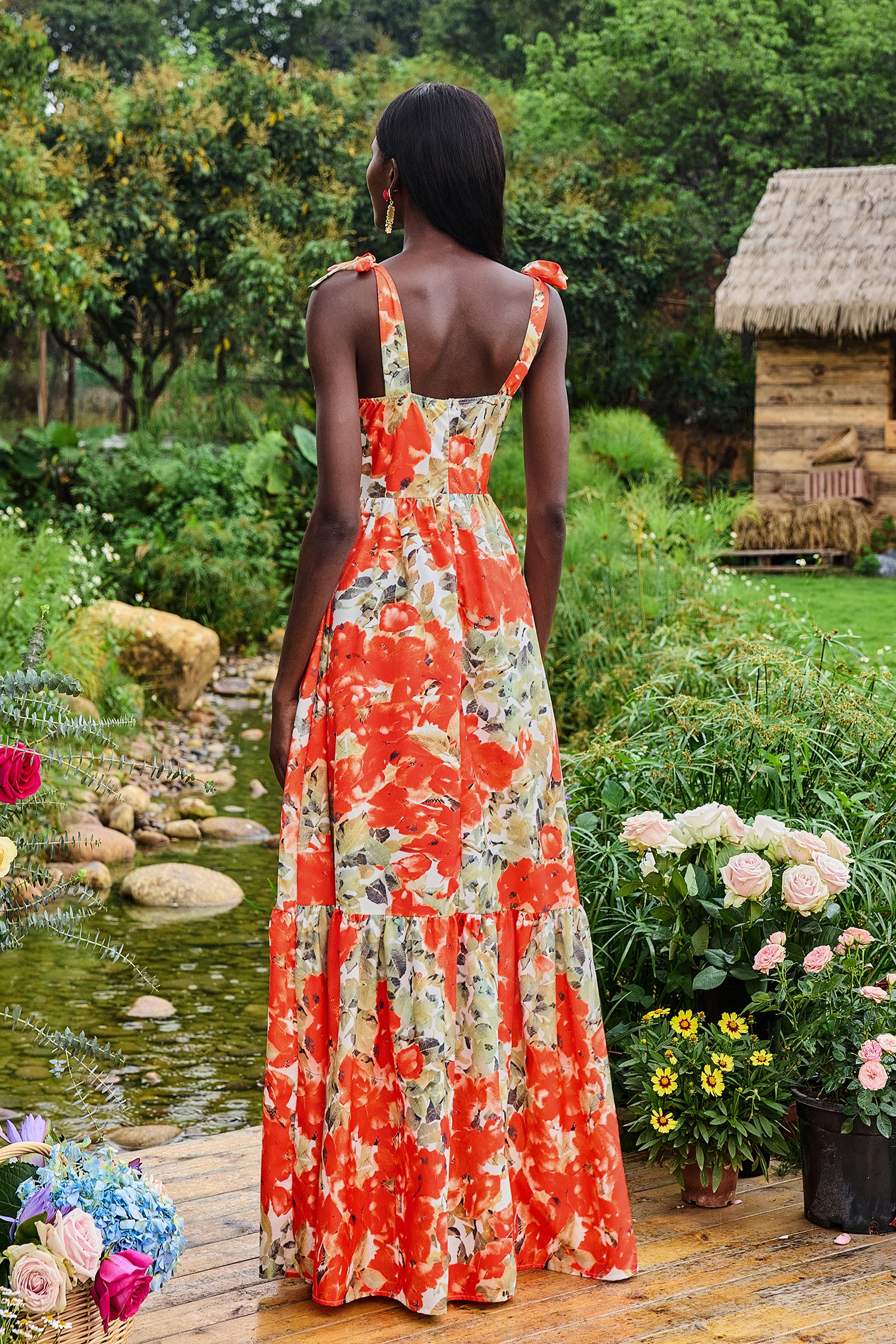 Floral Lace Up Sweetheart Neck Midi Dress