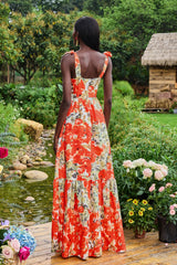 Floral Lace Up Sweetheart Neck Midi Dress