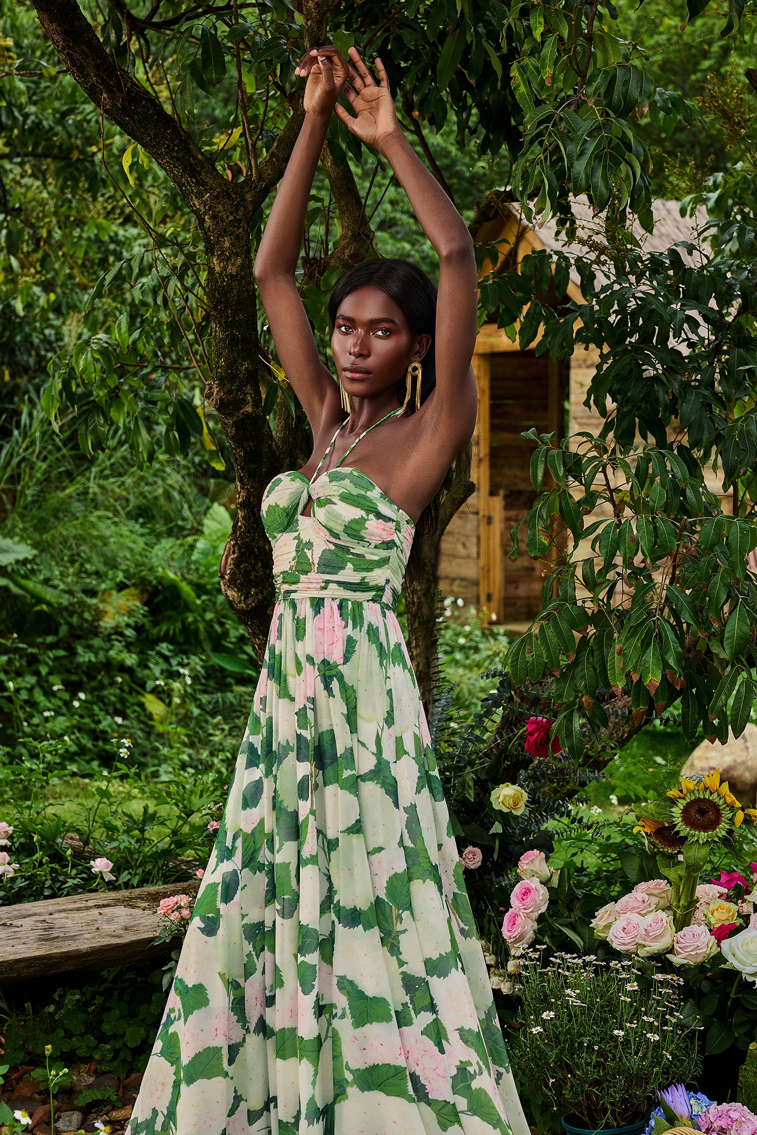 Floral Halter Neck Pleat Maxi Dress