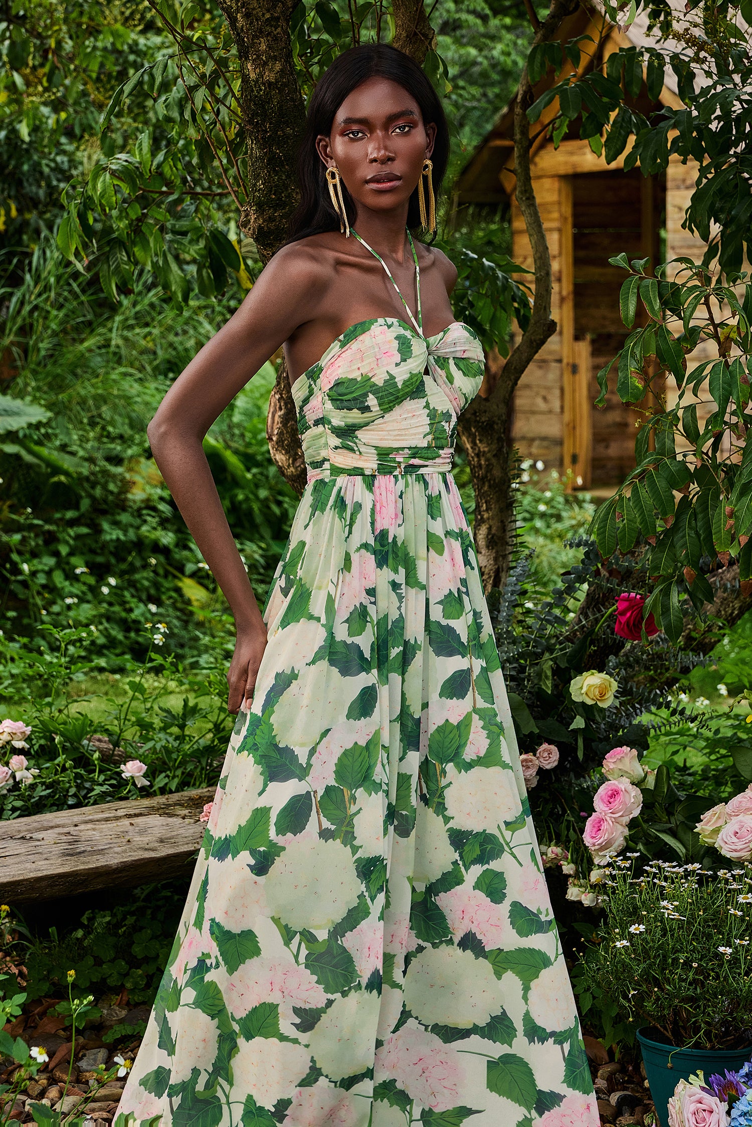 Floral Halter Neck Pleat Maxi Dress