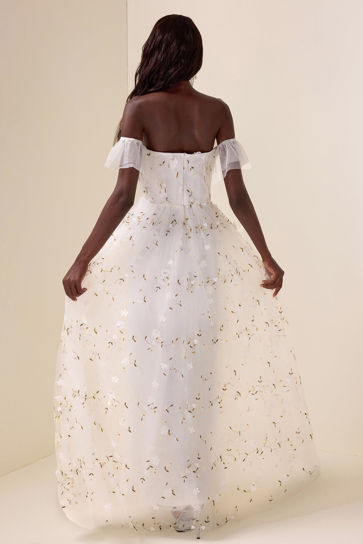 Mesh Embroidered Off-Shoulder Maxi Dress