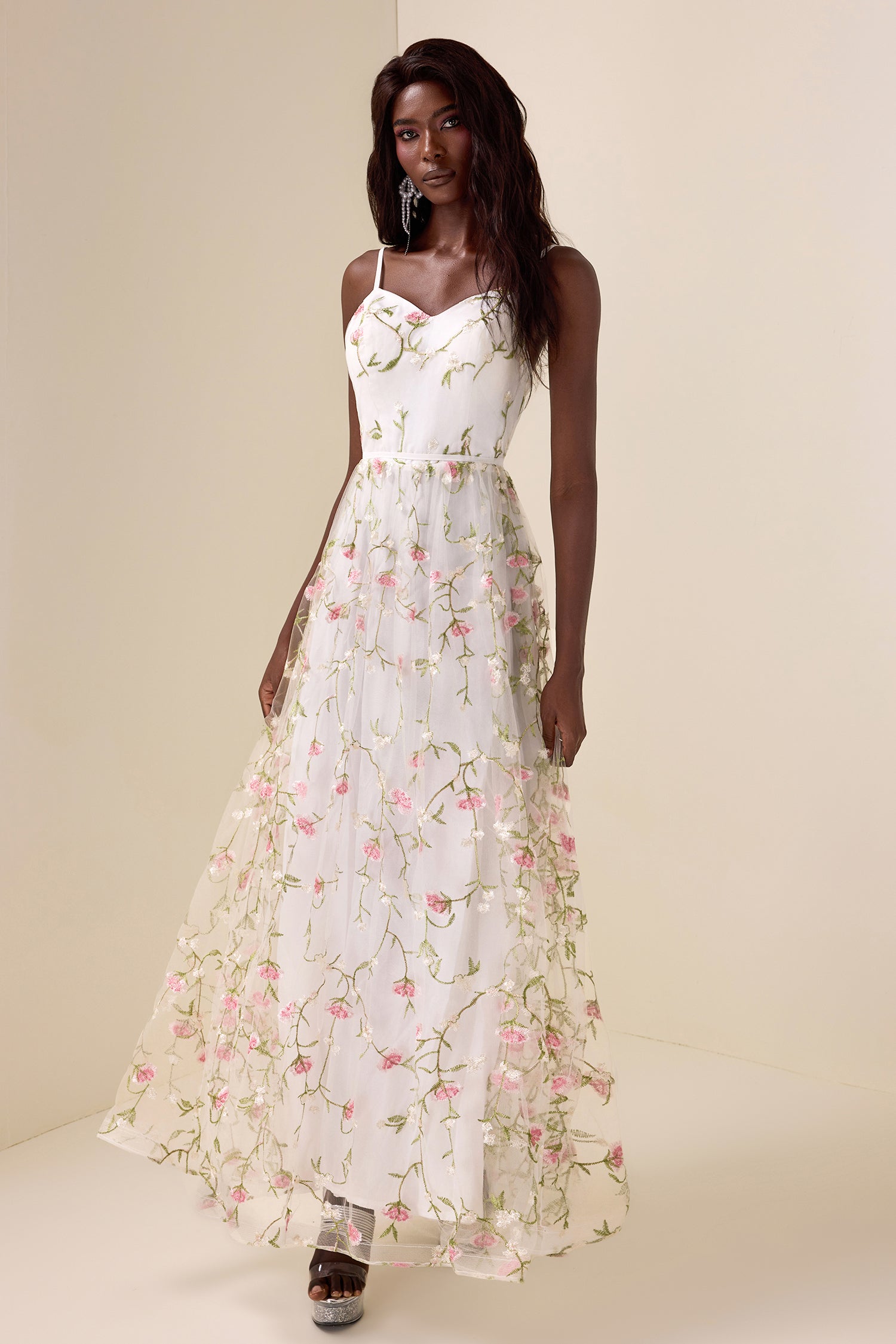 Mesh Embroidered Sleeveless Maxi Dress