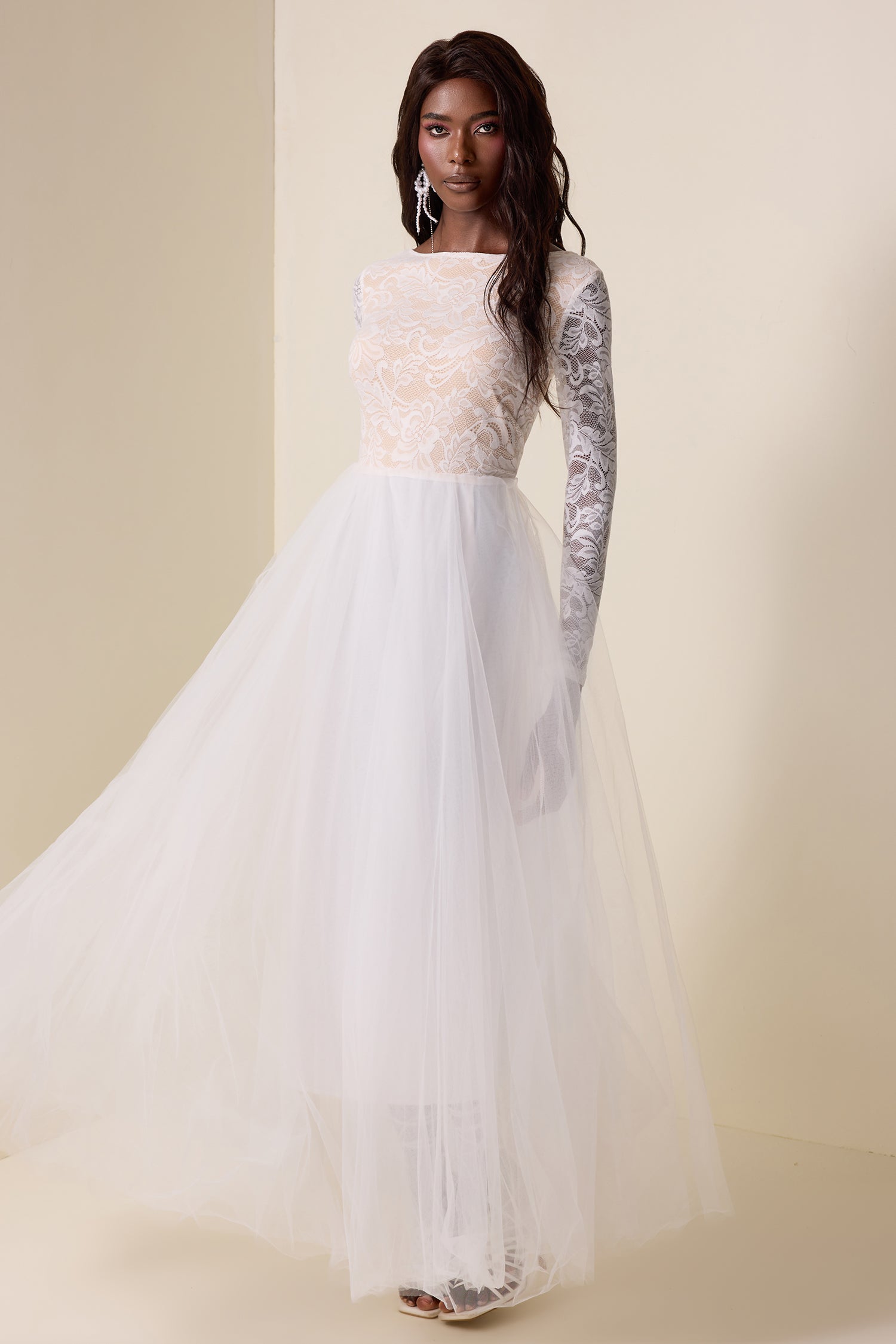 Lace Round Neck Long Sleeve Maxi Dress