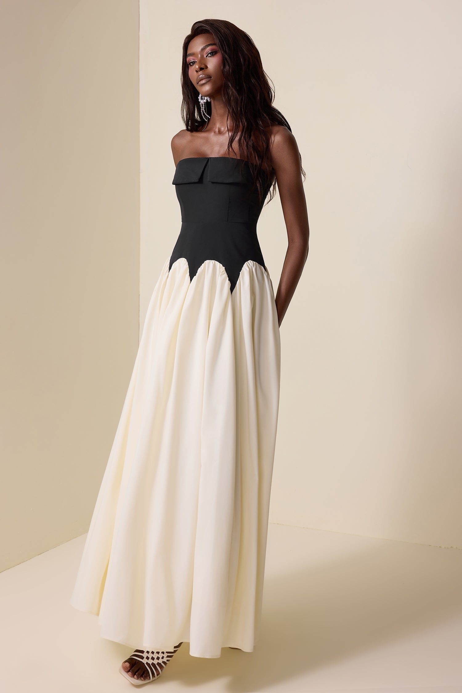 Splicing Contrast Color Off-Shoulder Maxi Dress