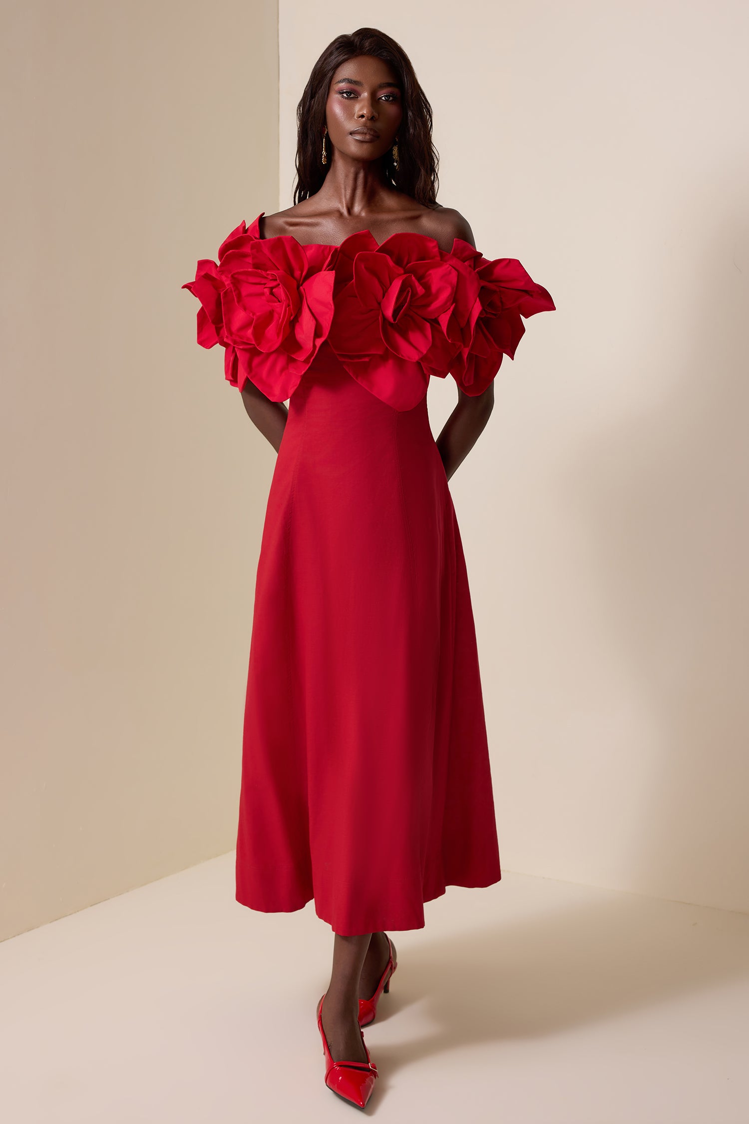 3D Flower Solid Off-Shoulder Midi Dress
