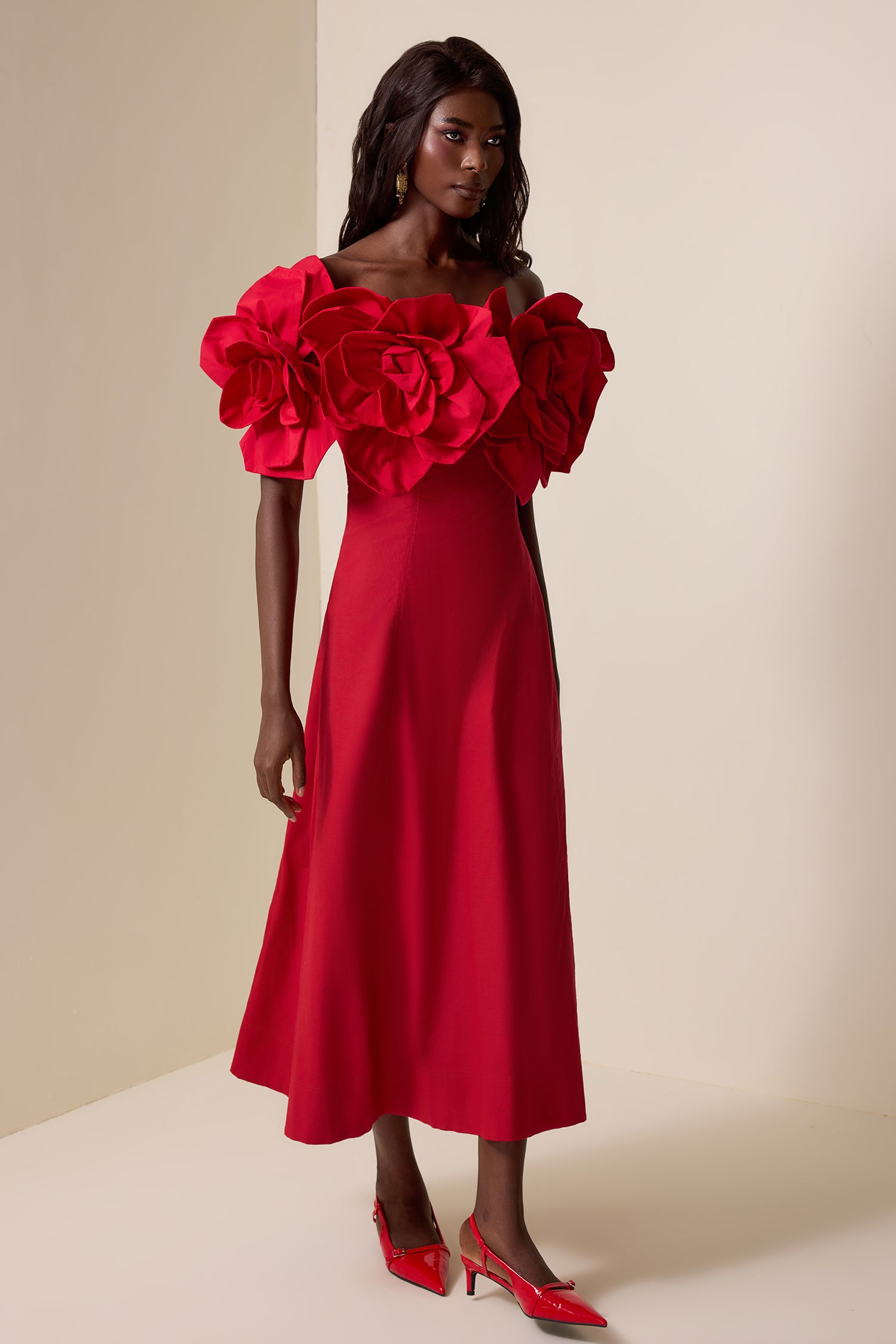 3D Flower Solid Off-Shoulder Midi Dress