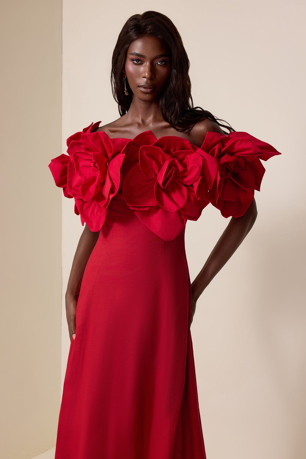 3D Flower Solid Off-Shoulder Midi Dress