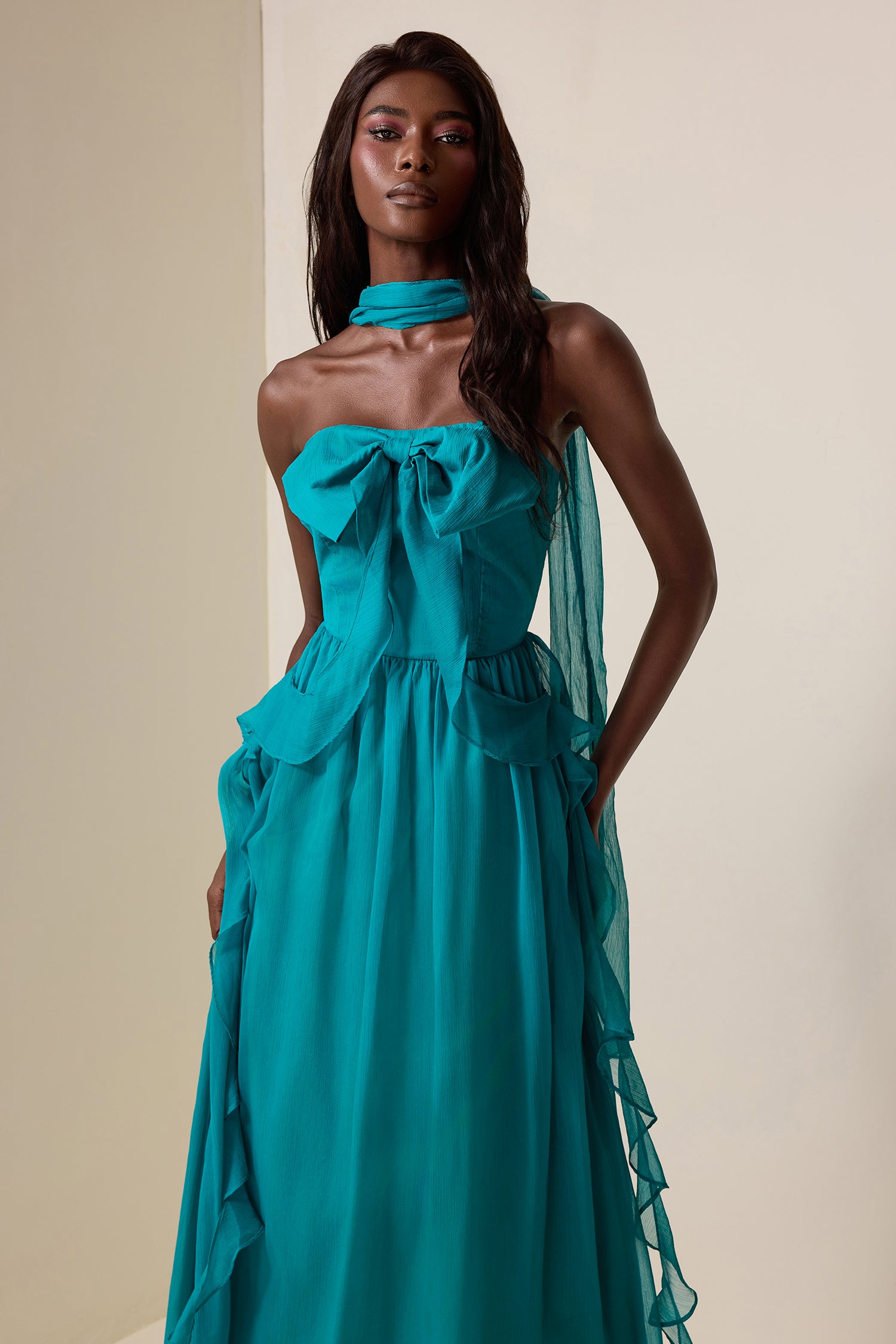 Bow Frill Strapless Midi Dress