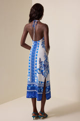 Paisley Print Backless Halter Neck Midi Dress