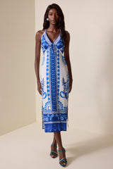 Paisley Print Backless Halter Neck Midi Dress