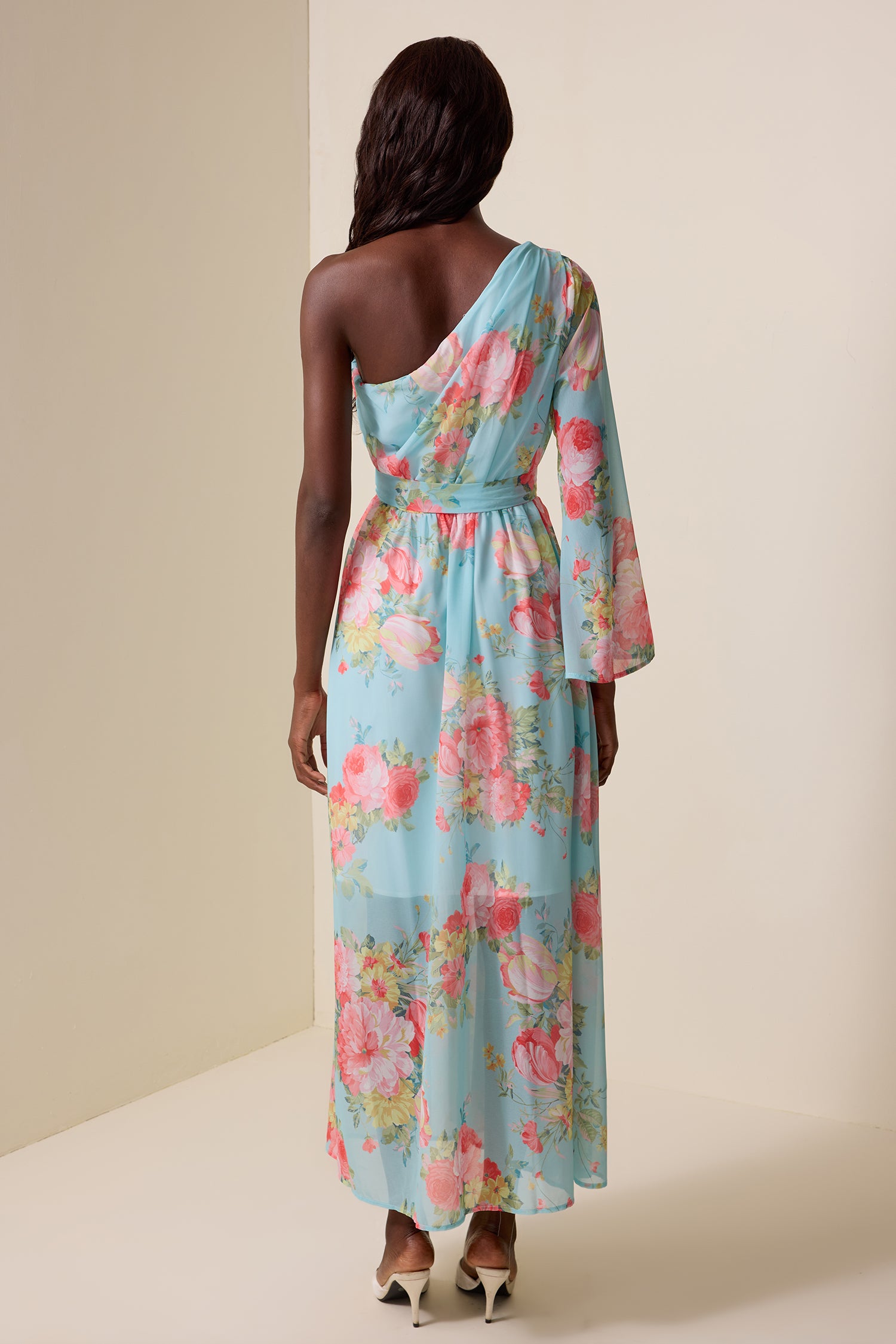Floral One-Shoulder Lace Up Midi Dress