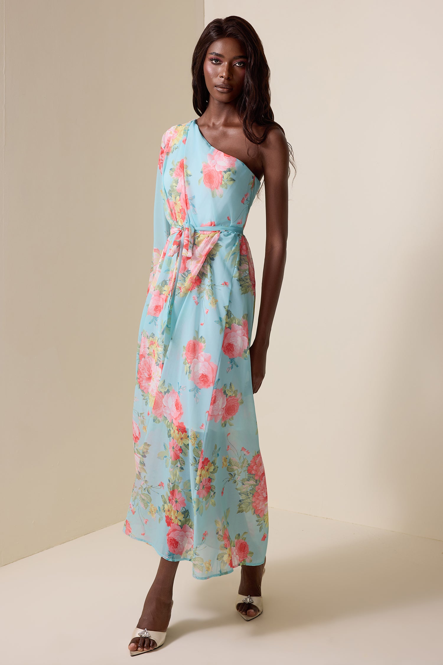 Floral One-Shoulder Lace Up Midi Dress