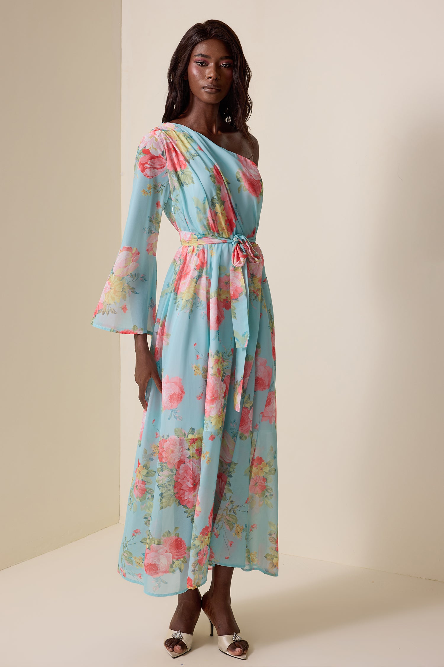 Floral One-Shoulder Lace Up Midi Dress