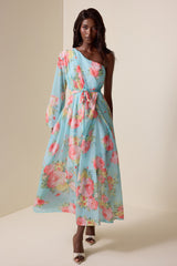 Floral One-Shoulder Lace Up Midi Dress
