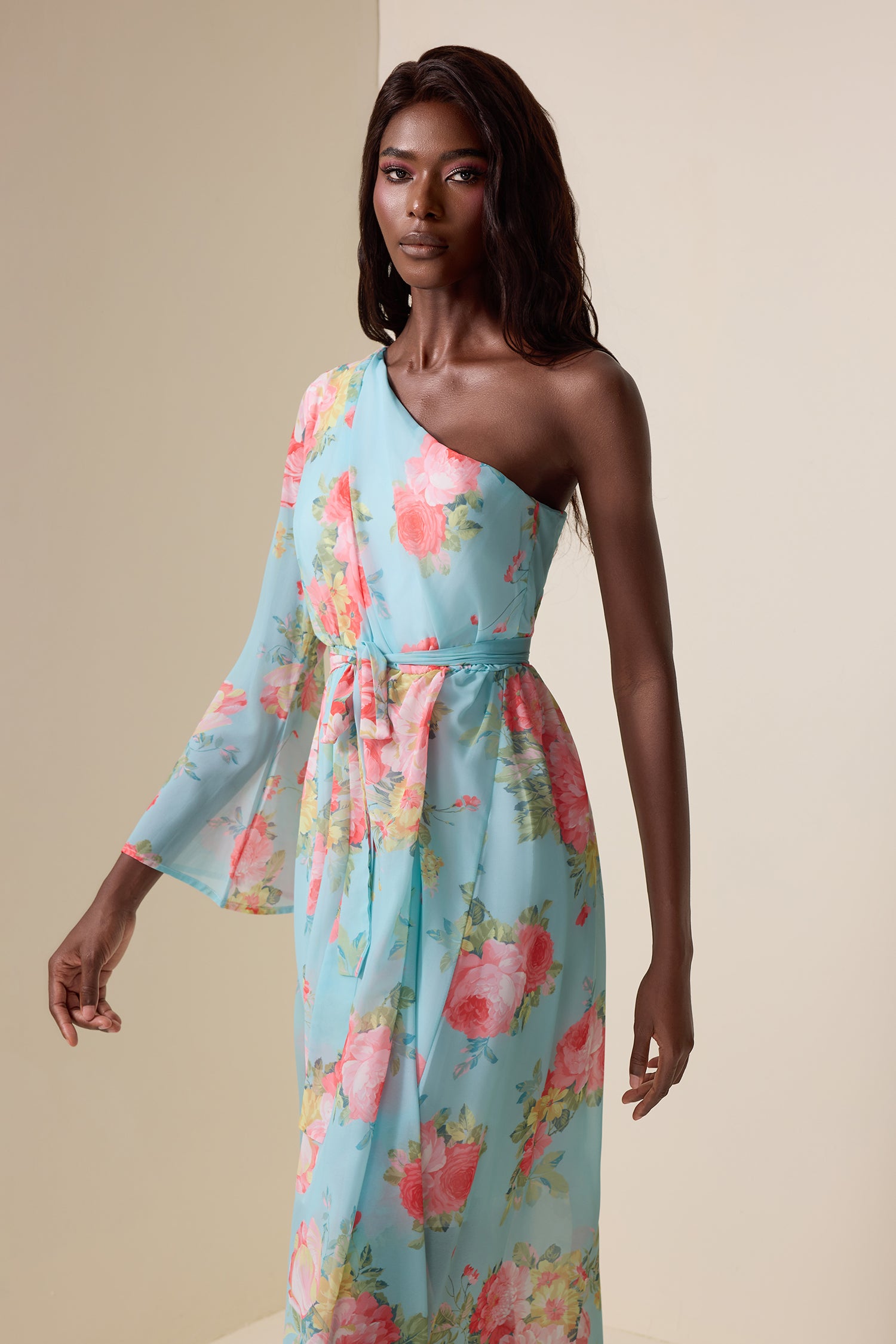 Floral One-Shoulder Lace Up Midi Dress