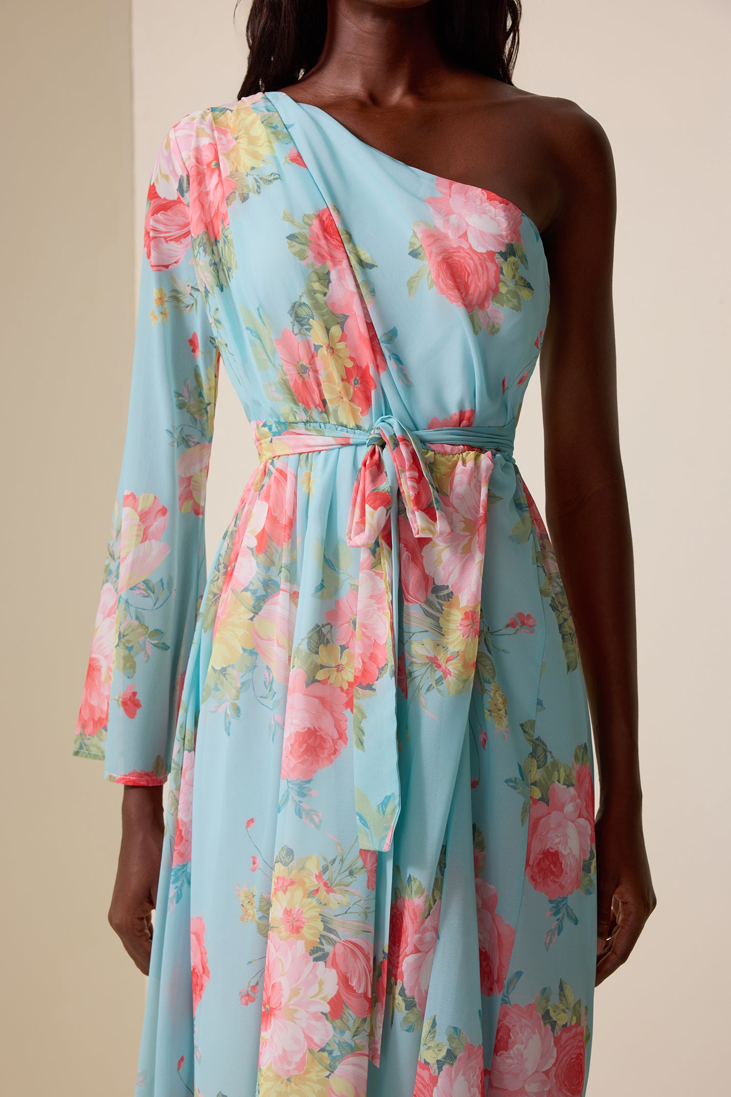 Floral One-Shoulder Lace Up Midi Dress