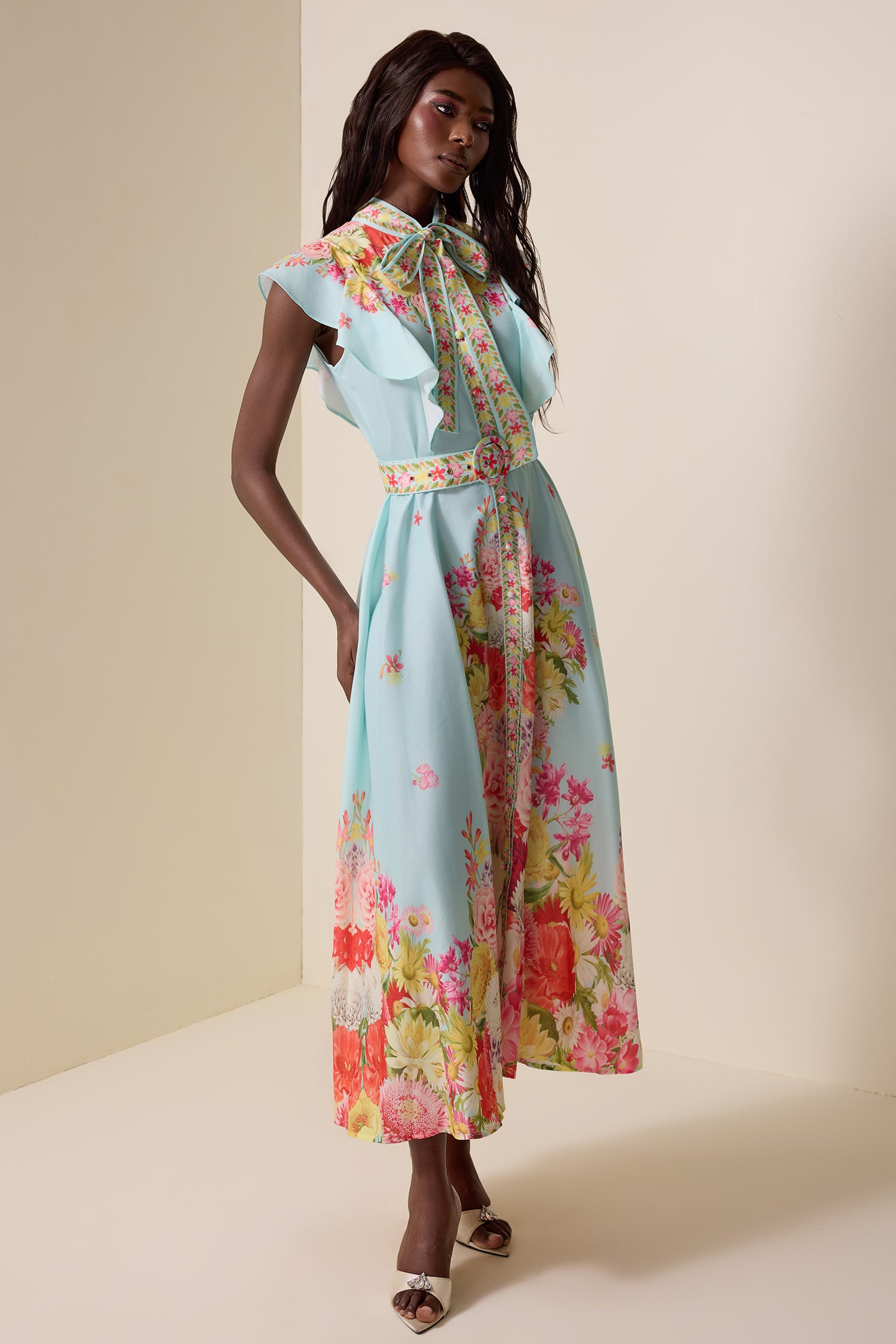 Floral Lace Up Frill Midi Dress