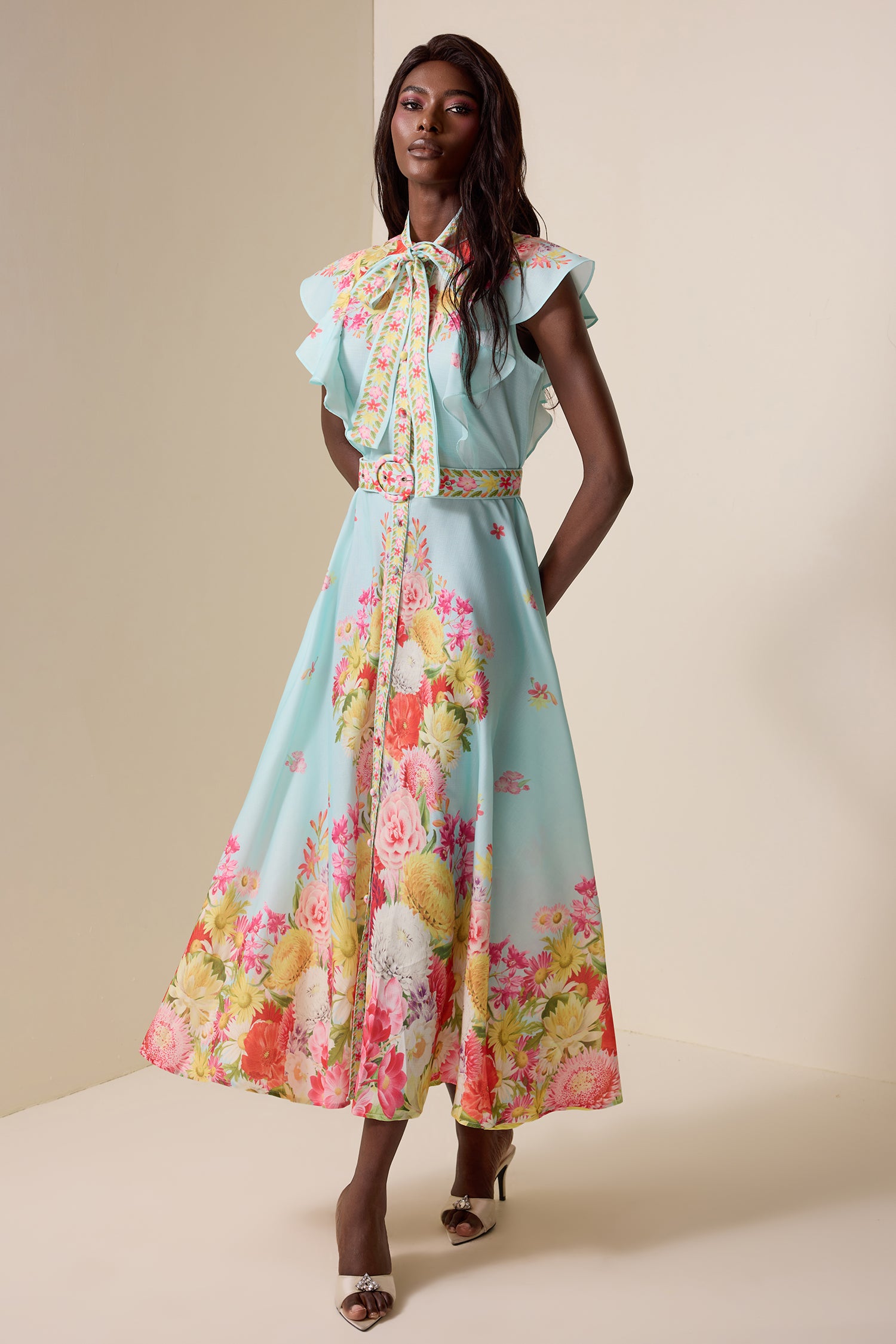 Floral Lace Up Frill Midi Dress