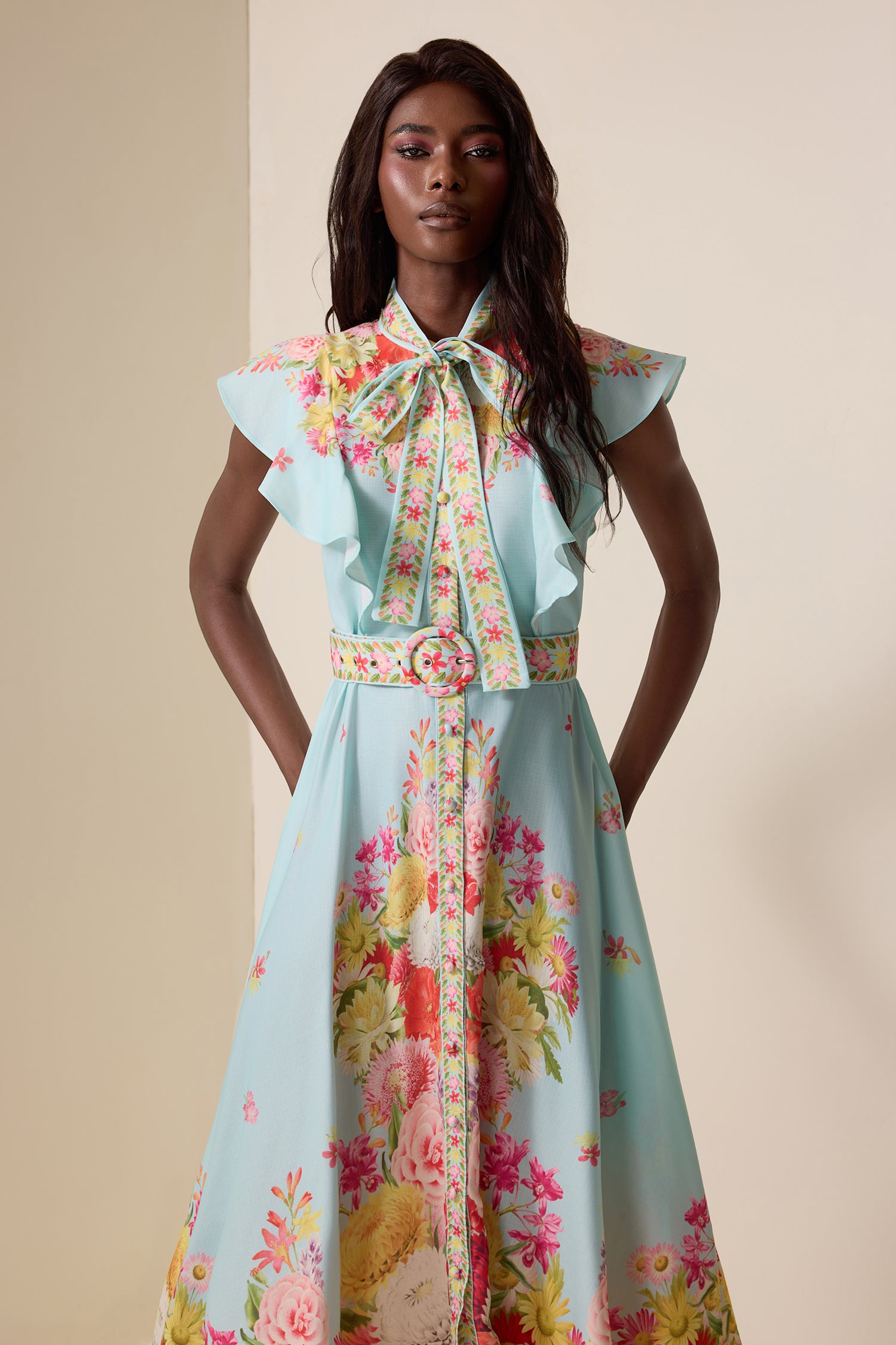 Floral Lace Up Frill Midi Dress