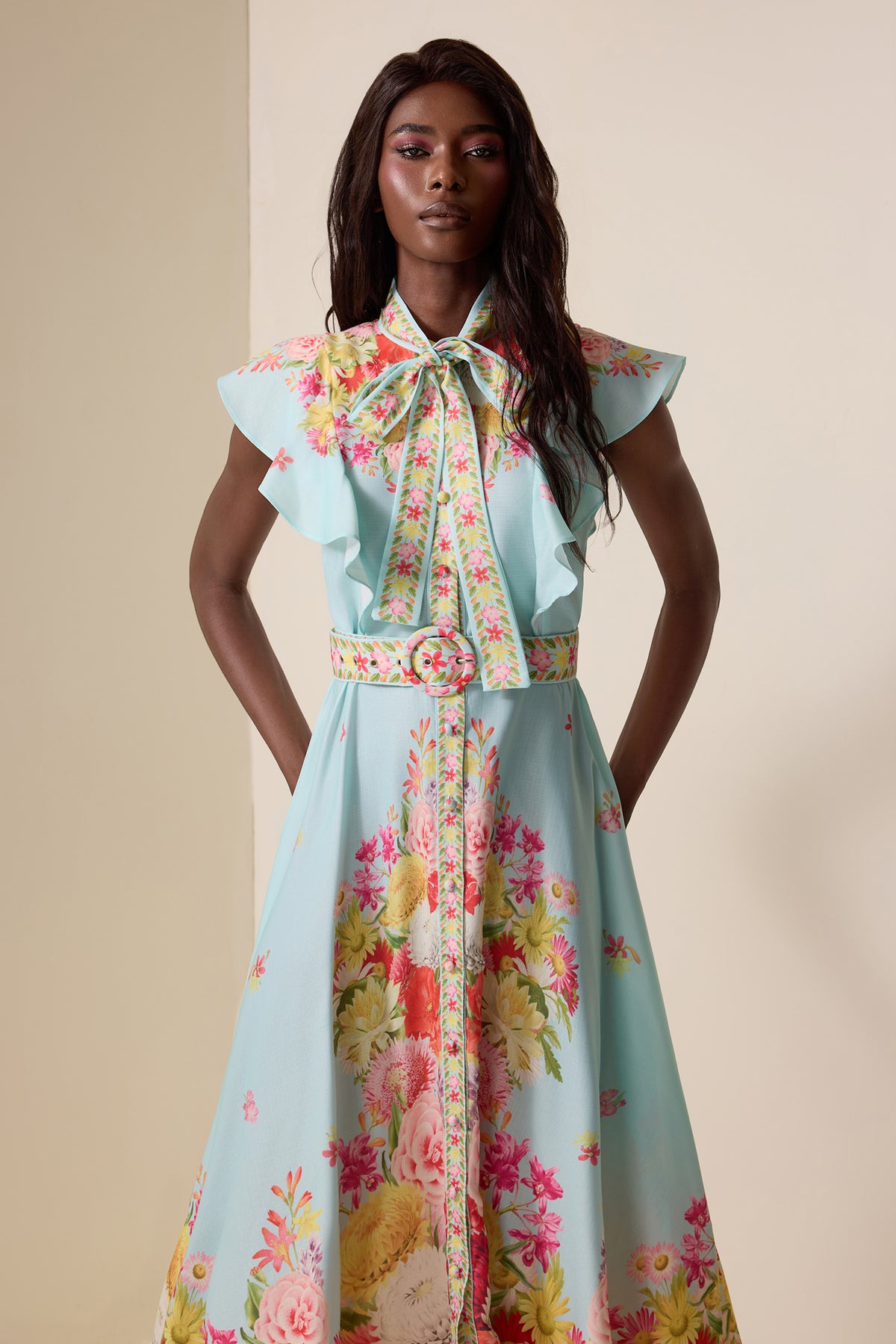 Floral Lace Up Frill Midi Dress