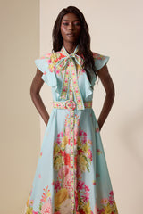 Floral Lace Up Frill Midi Dress