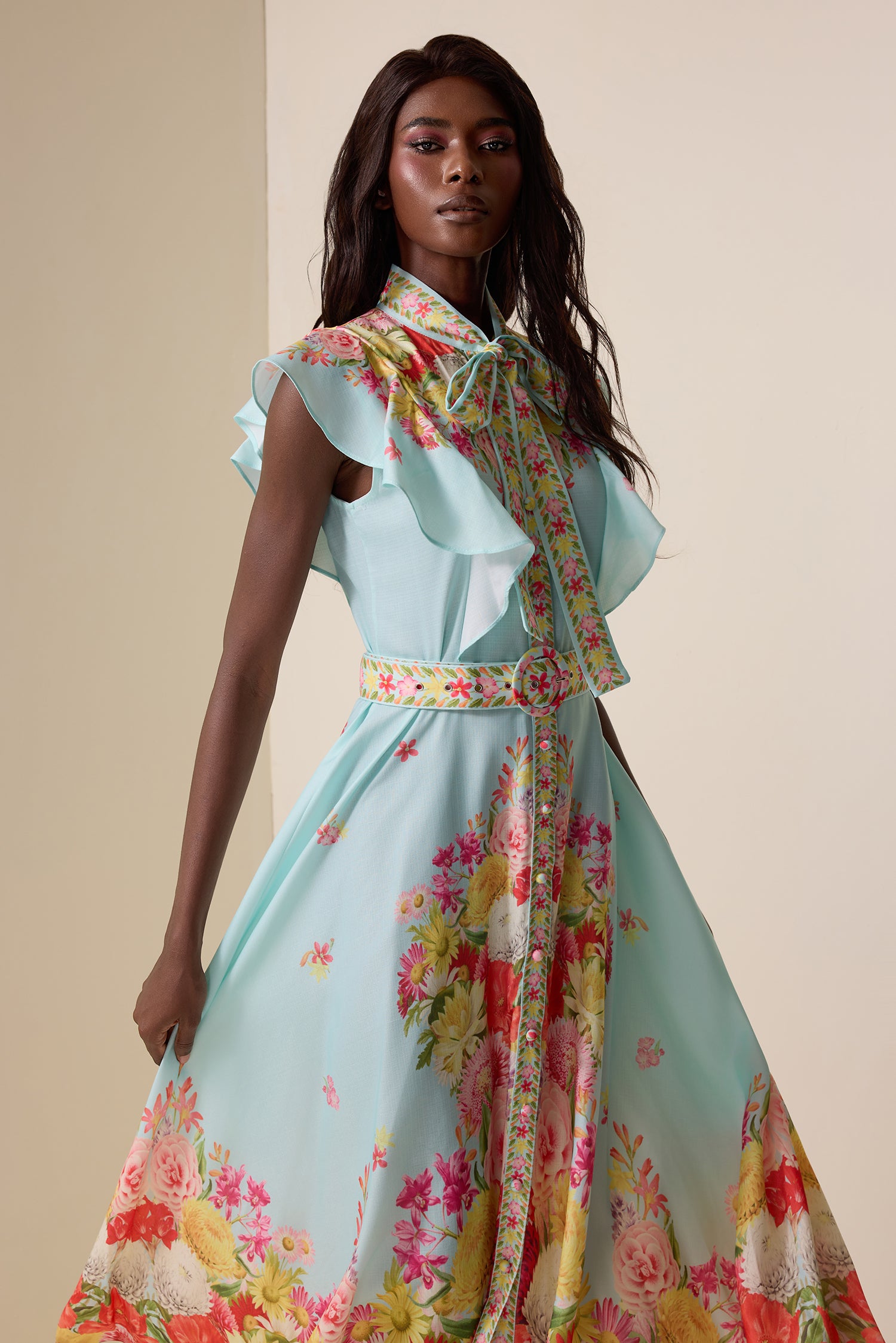 Floral Lace Up Frill Midi Dress