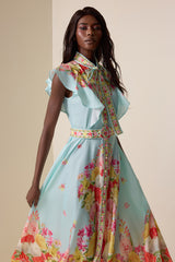 Floral Lace Up Frill Midi Dress