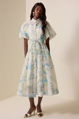 Floral Puff Sleeve Lace-Up Midi Dress