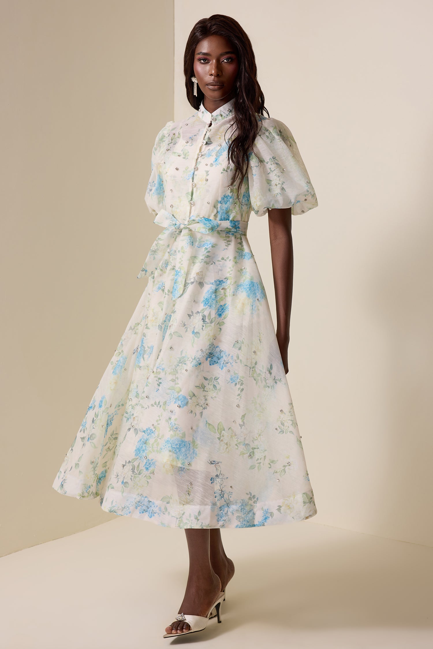 Floral Puff Sleeve Lace-Up Midi Dress