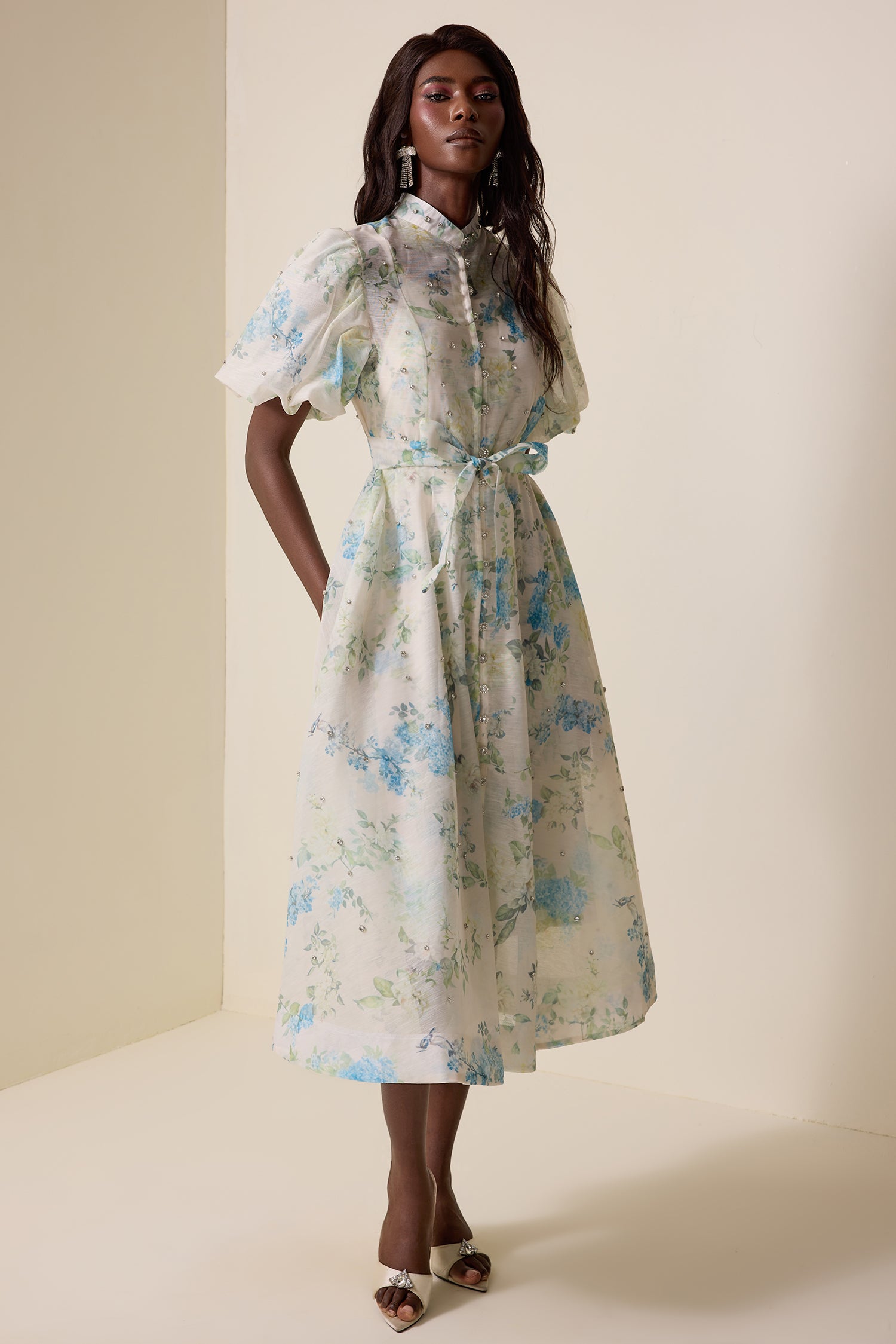 Floral Puff Sleeve Lace-Up Midi Dress