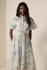 Floral Puff Sleeve Lace-Up Midi Dress