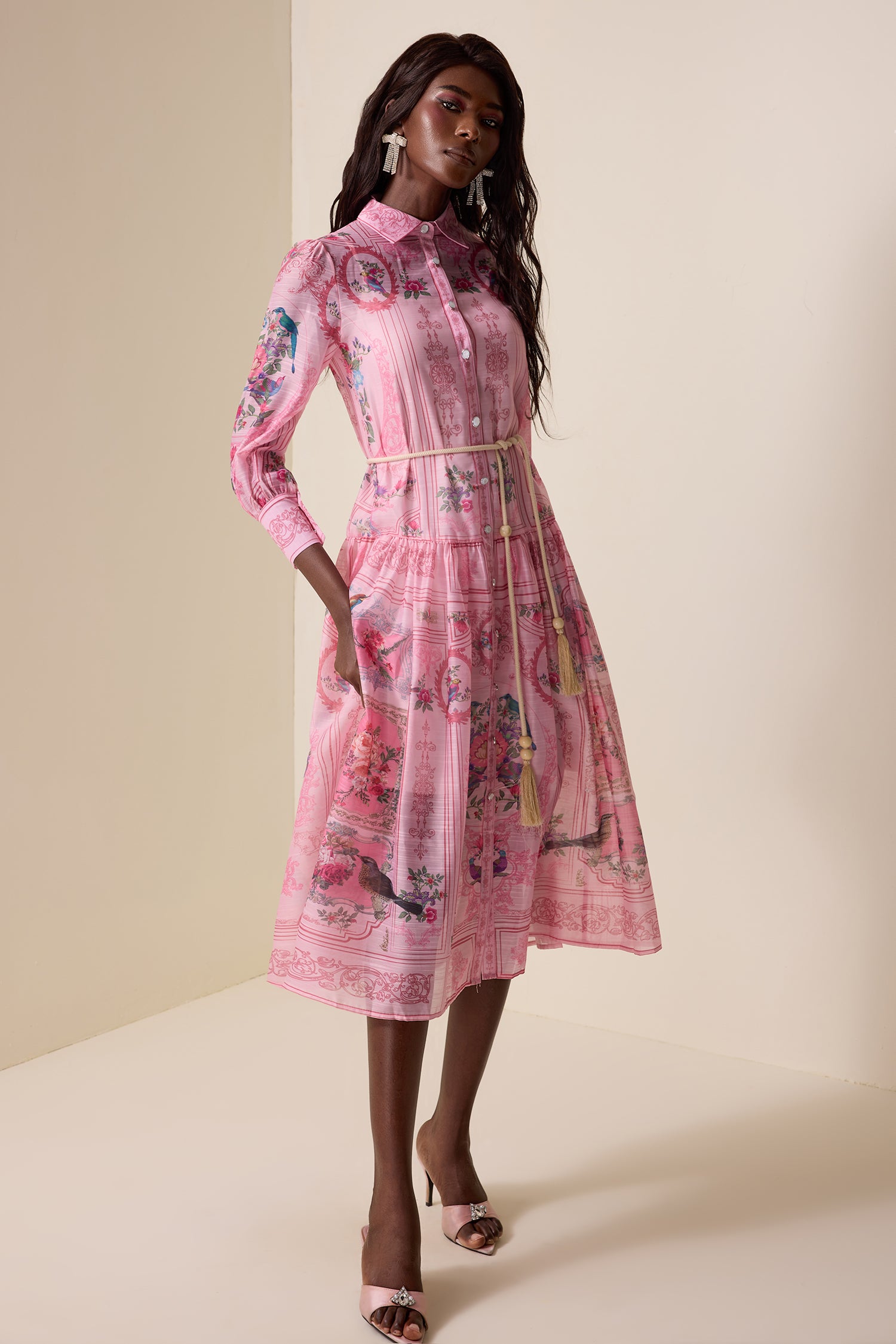 Paisley Print Chiffon Lace Up Midi Dress