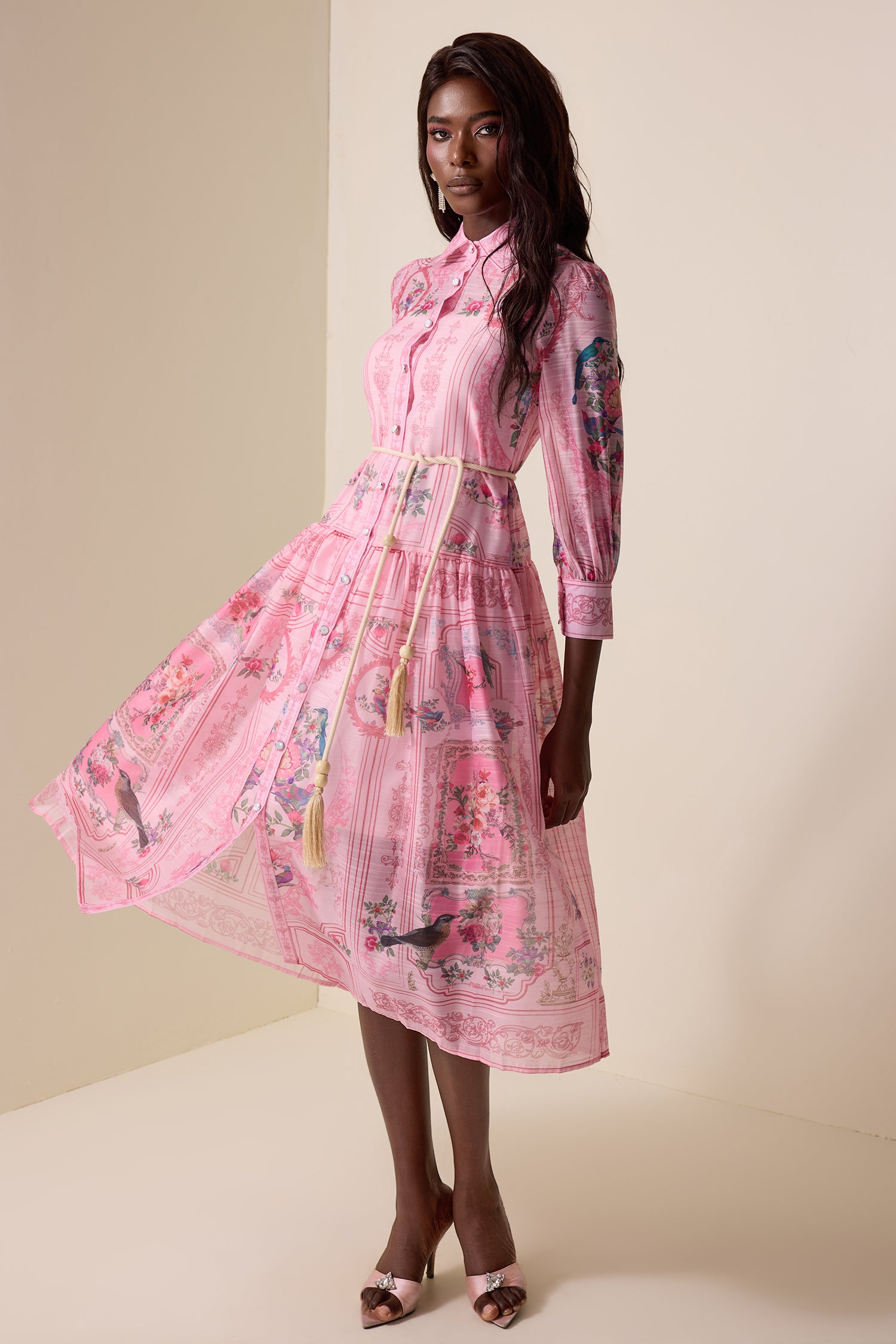 Paisley Print Chiffon Lace Up Midi Dress