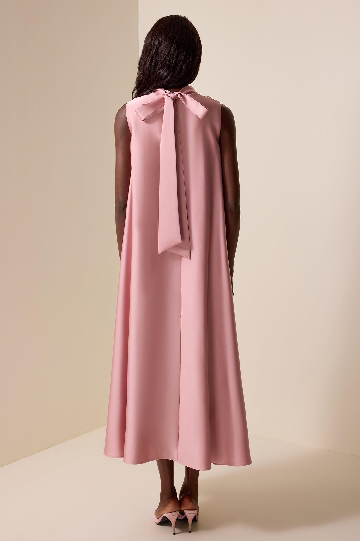 Appliquéd Satin Sleeveless Midi Dress