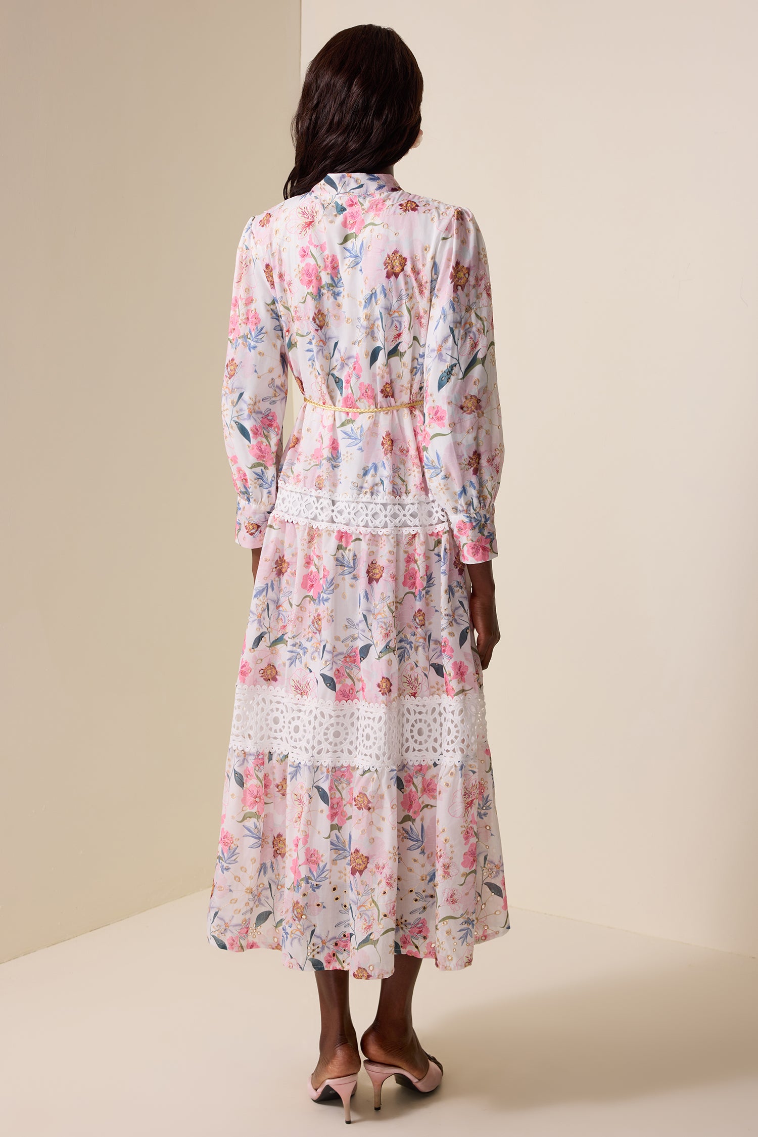 Floral Lace Splicing Lantern Sleeve Midi Dress