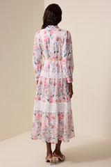 Floral Lace Splicing Lantern Sleeve Midi Dress