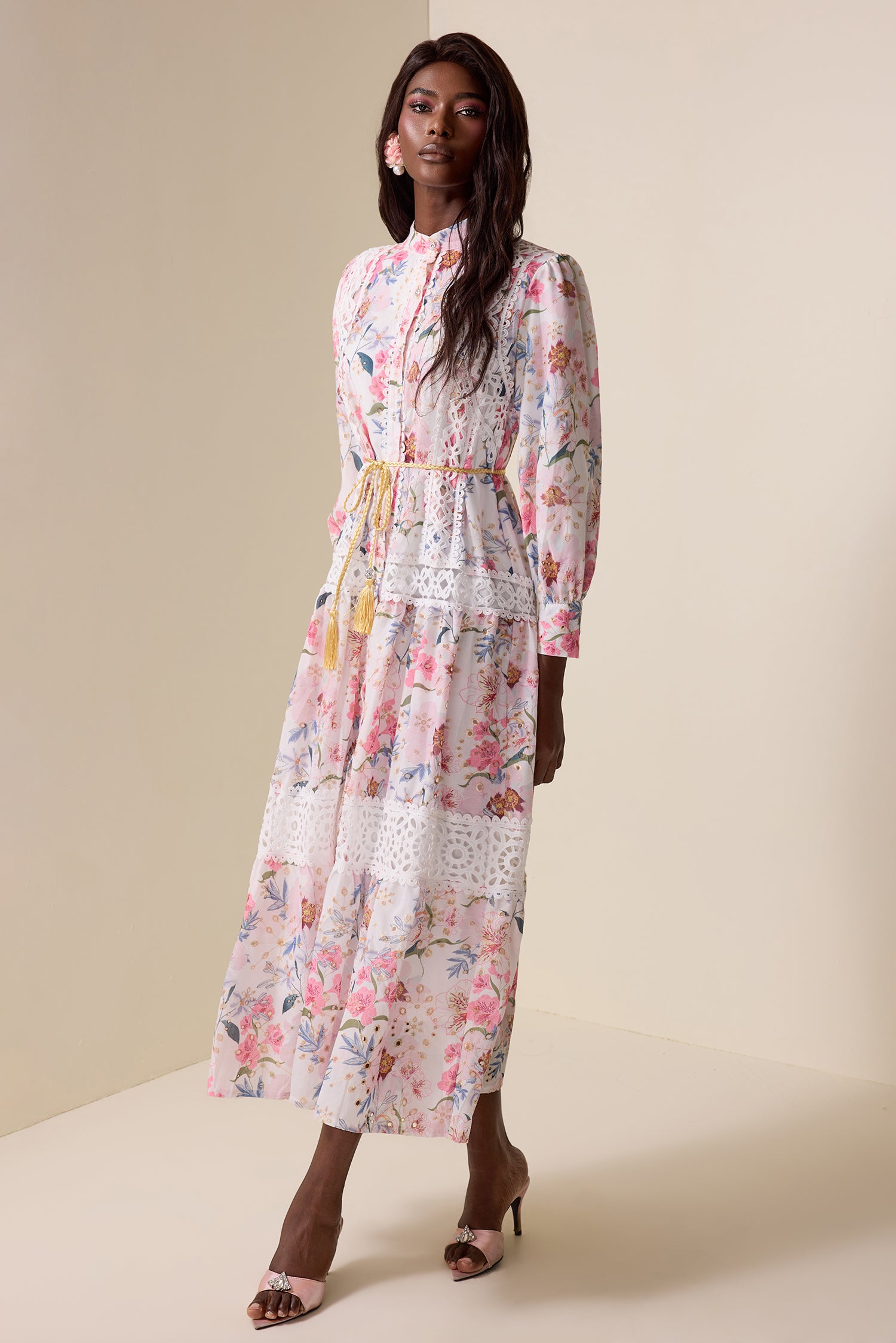 Floral Lace Splicing Lantern Sleeve Midi Dress