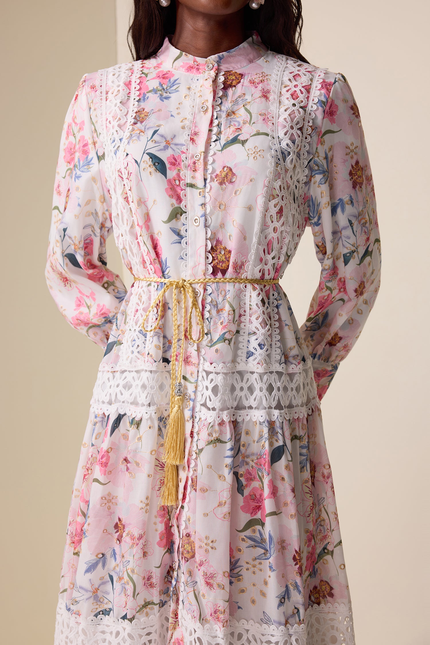 Floral Lace Splicing Lantern Sleeve Midi Dress