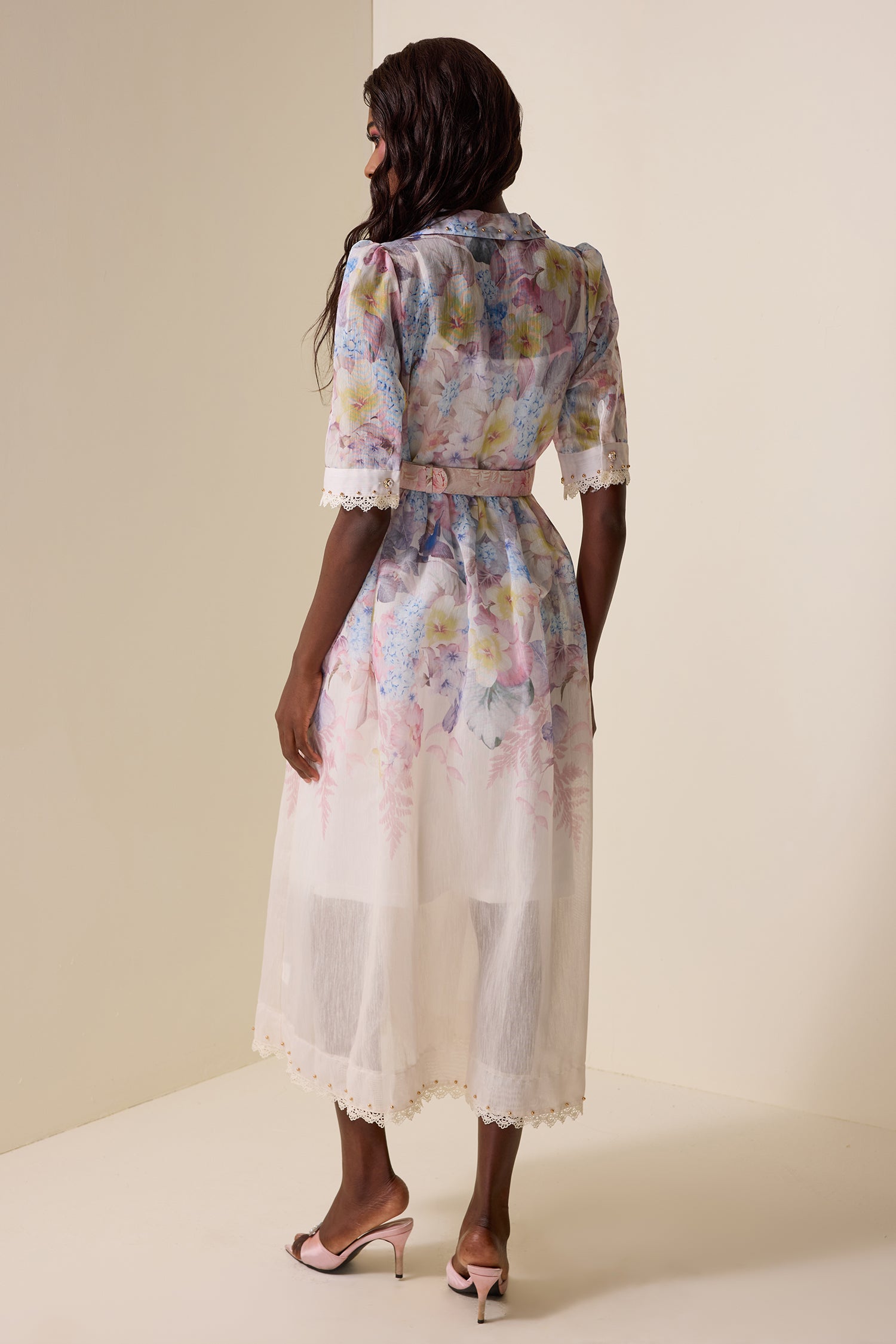 Floral Lace Metal Button Midi Dress