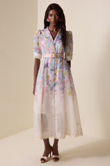 Floral Lace Metal Button Midi Dress