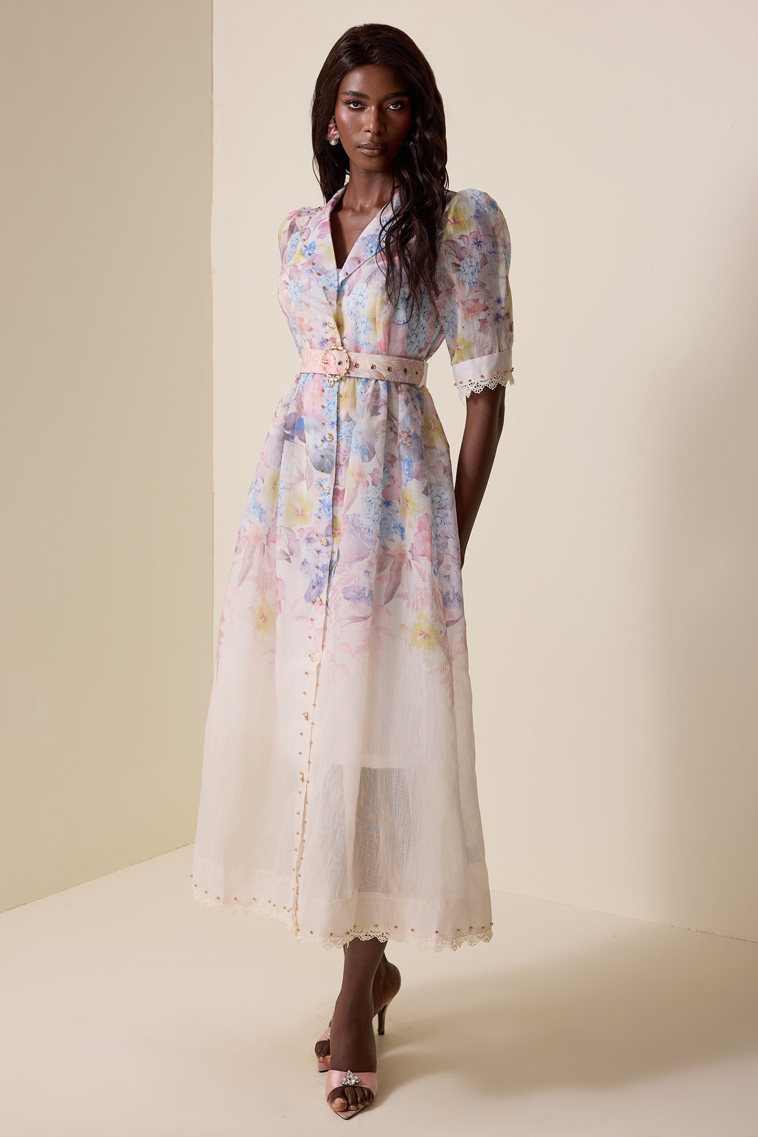 Floral Lace Metal Button Midi Dress