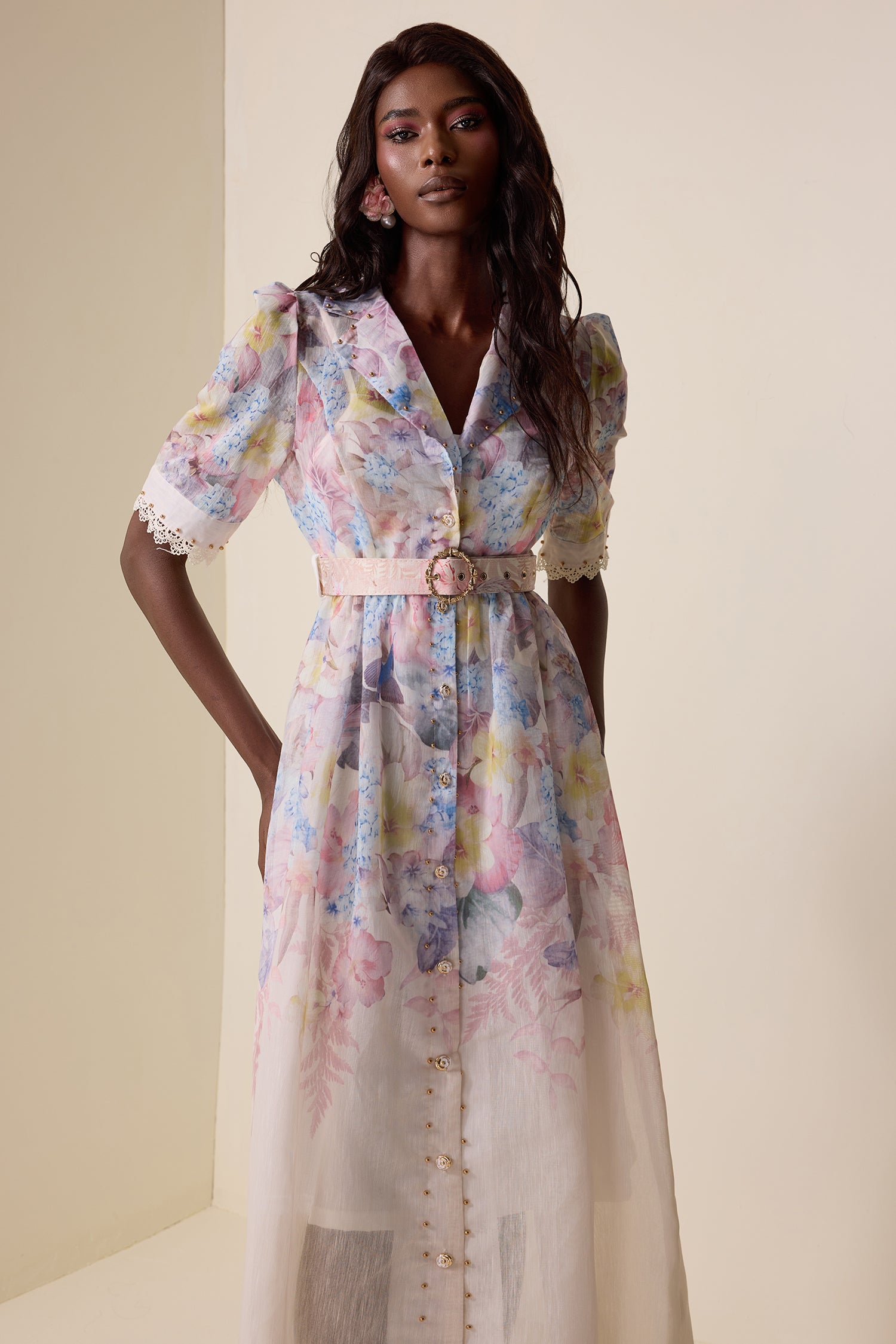 Floral Lace Metal Button Midi Dress